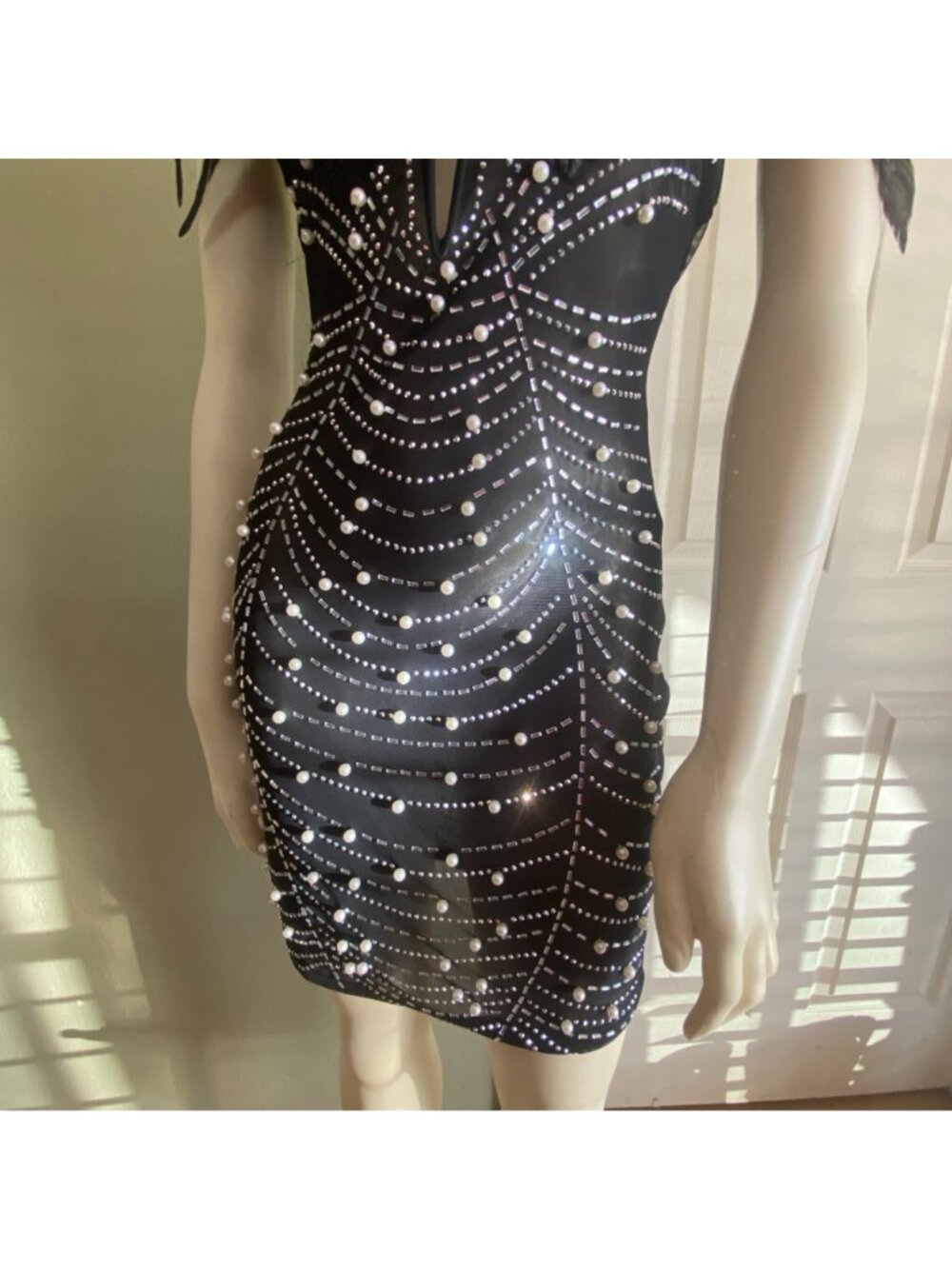 size S beaded thin bodycon black sheer mini dress feather chest detail c-thru - Picture 5 of 9